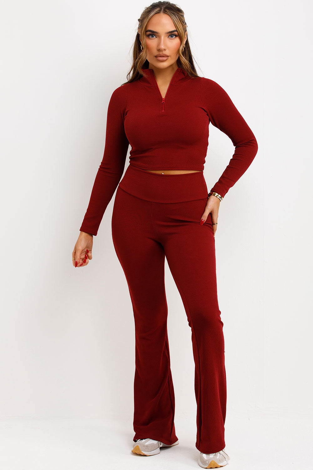 skinny flare trousers with ruched bum and half zip long sleeve crop top co ord set loungewear
