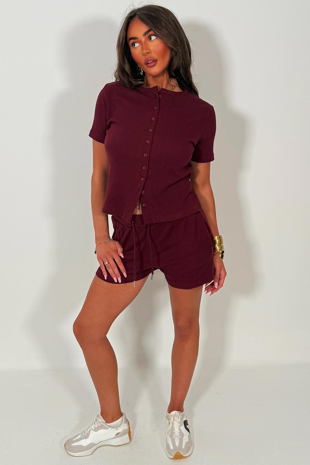 molly mae ribbed button up short sleeve top and shorts two piece set styledup summer holiday outfit