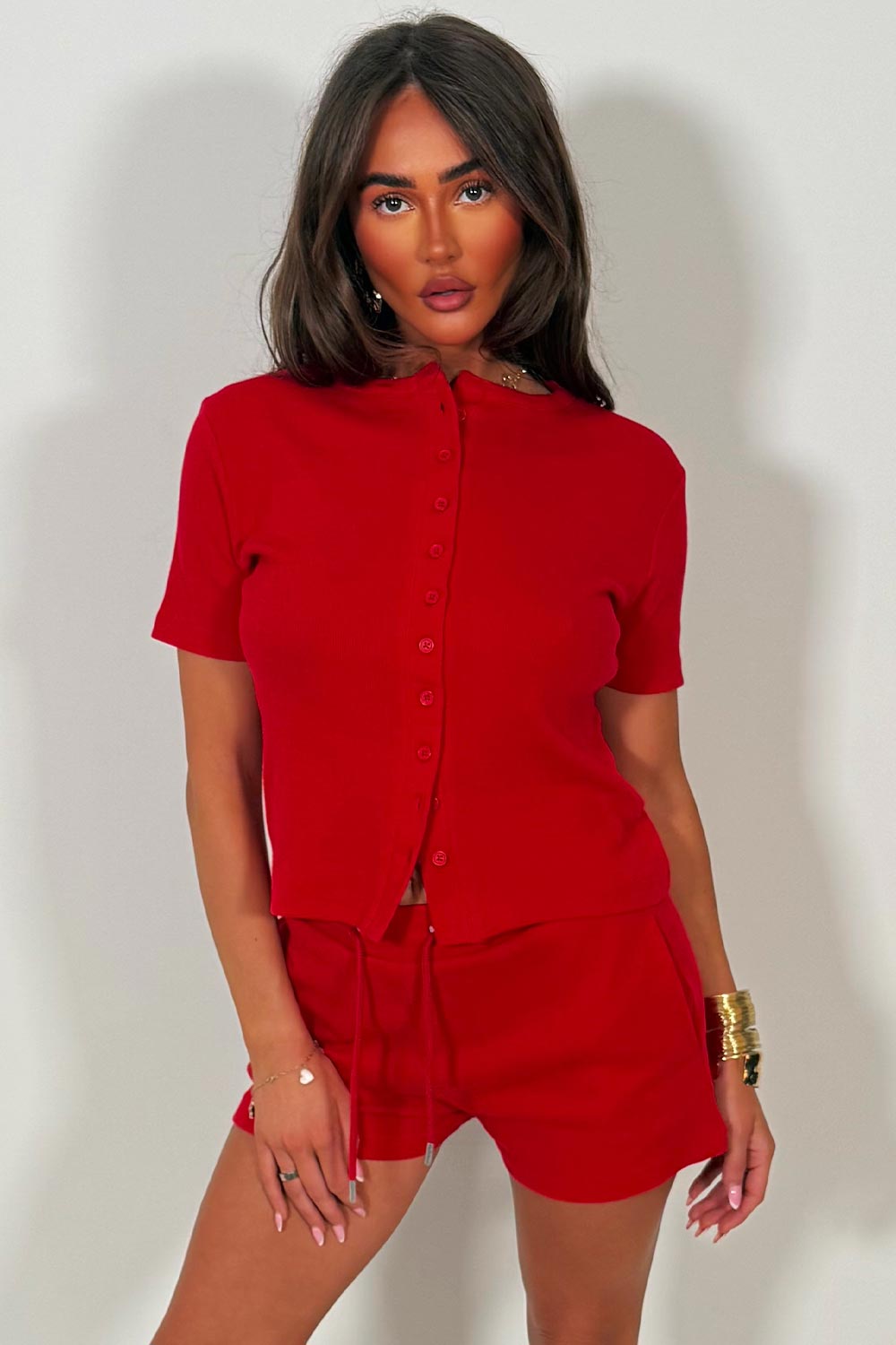 molly mae ribbed button up short sleeve top and shorts two piece set styledup summer holiday outfit