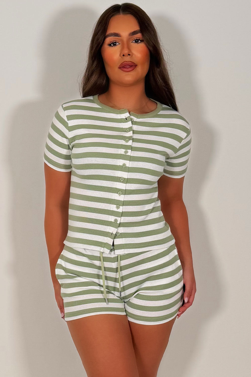 womens button up rib top and shorts loungewear set uk