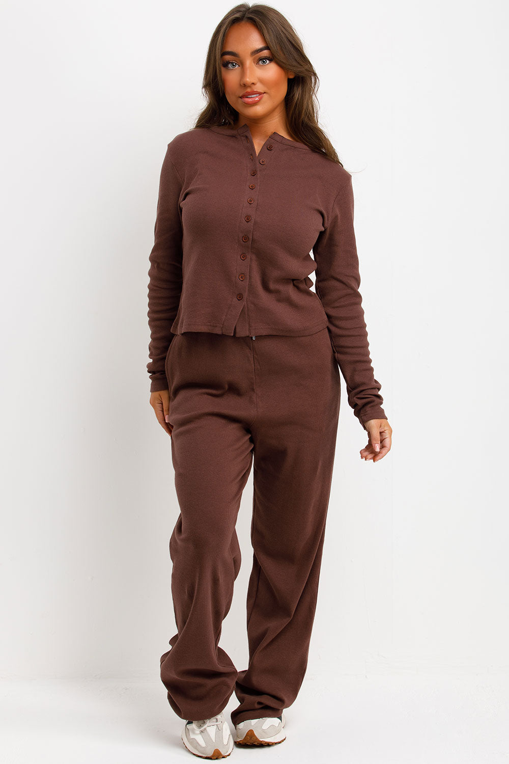 ribbed button up brown lounge co-ord set styledup