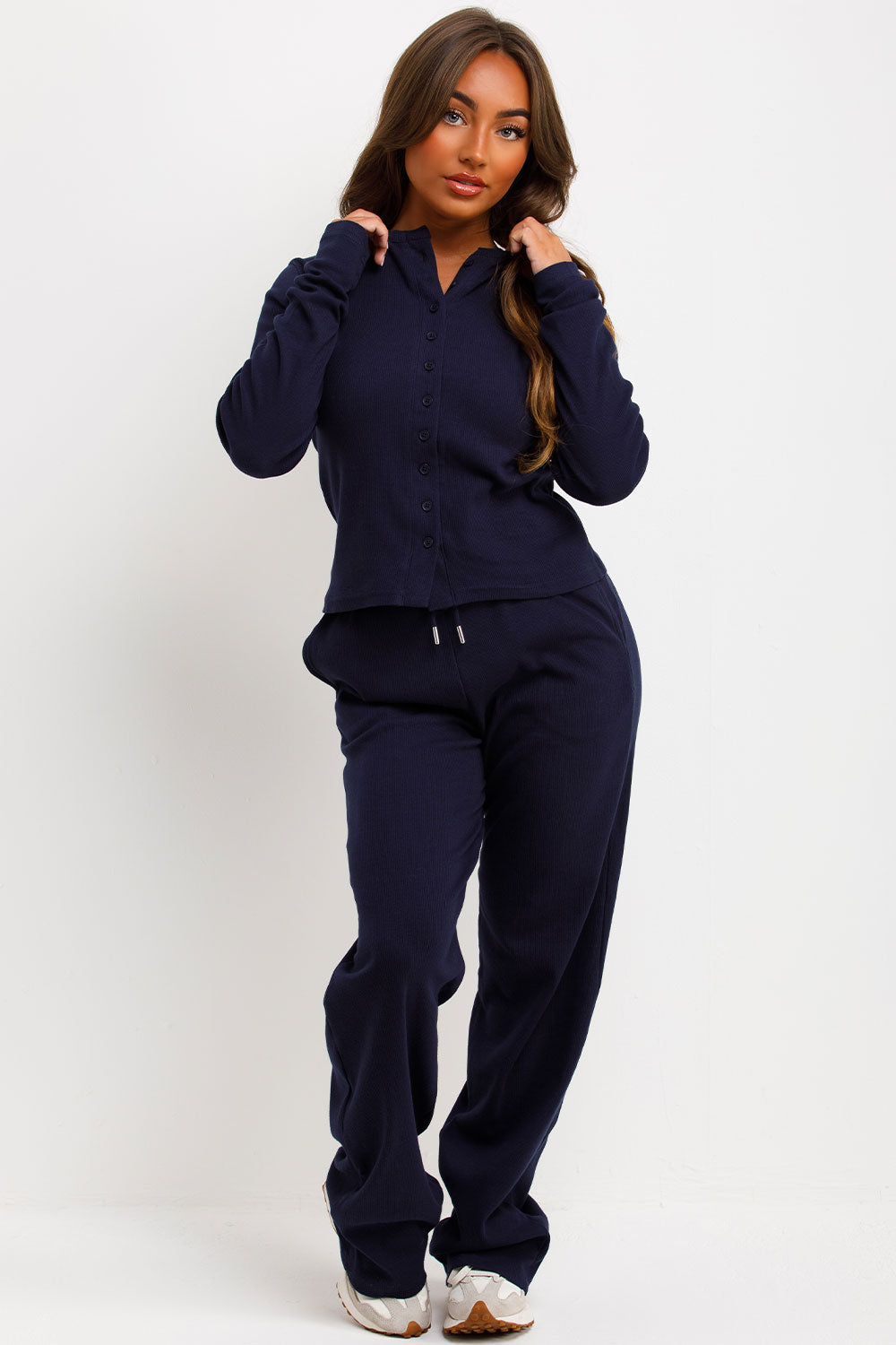ribbed button up navy lounge co-ord set styledup