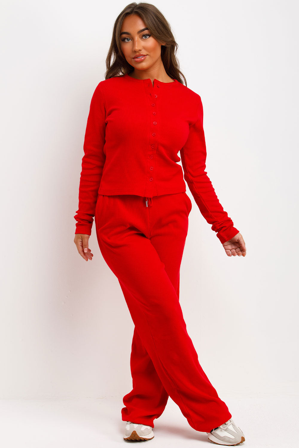 molly mae ribbed top and trousers co ord set red