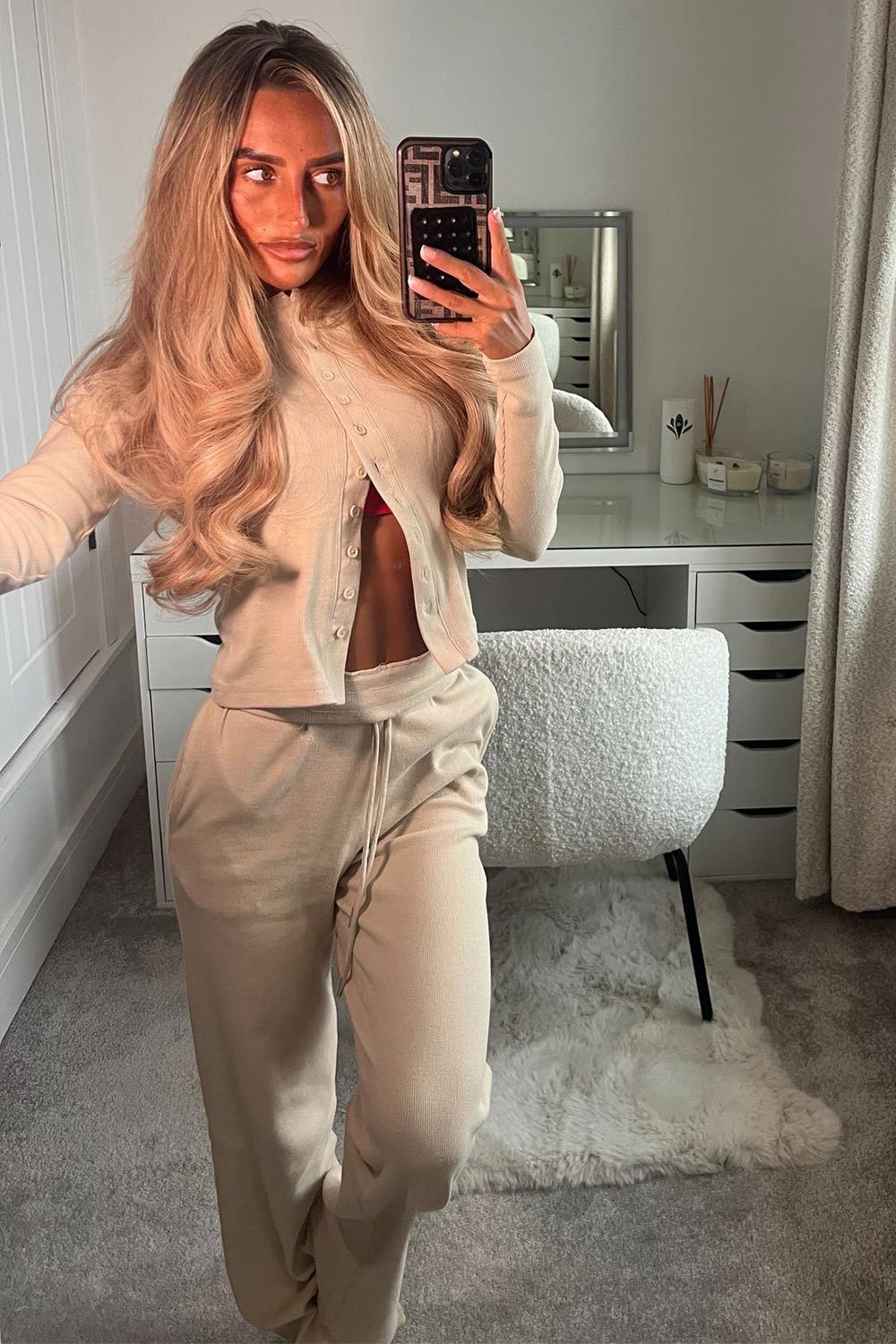 ribbed button up oatmeal lounge co-ord set styledup