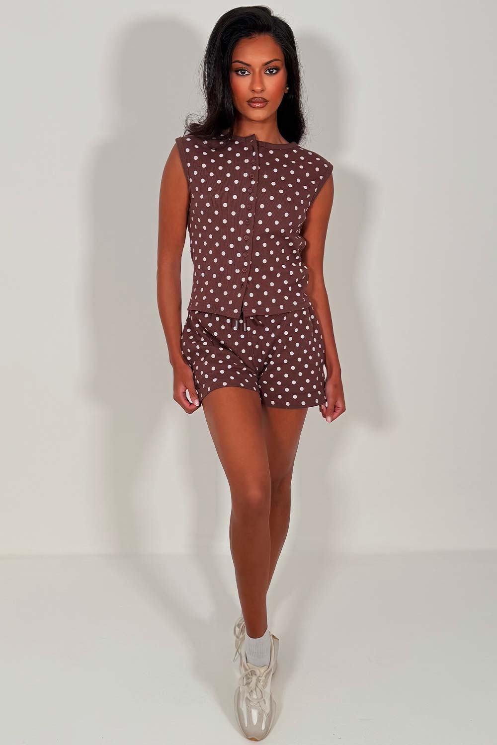 polka dot shorts and button up top summer lounge set crop tracksuit airport outfit styledup