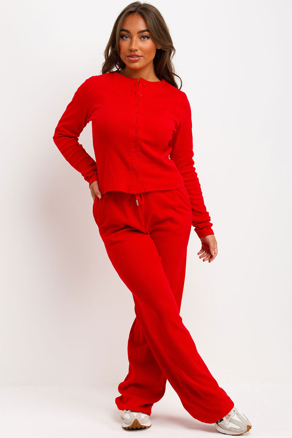 molly mae button up top and trousers co ord set red