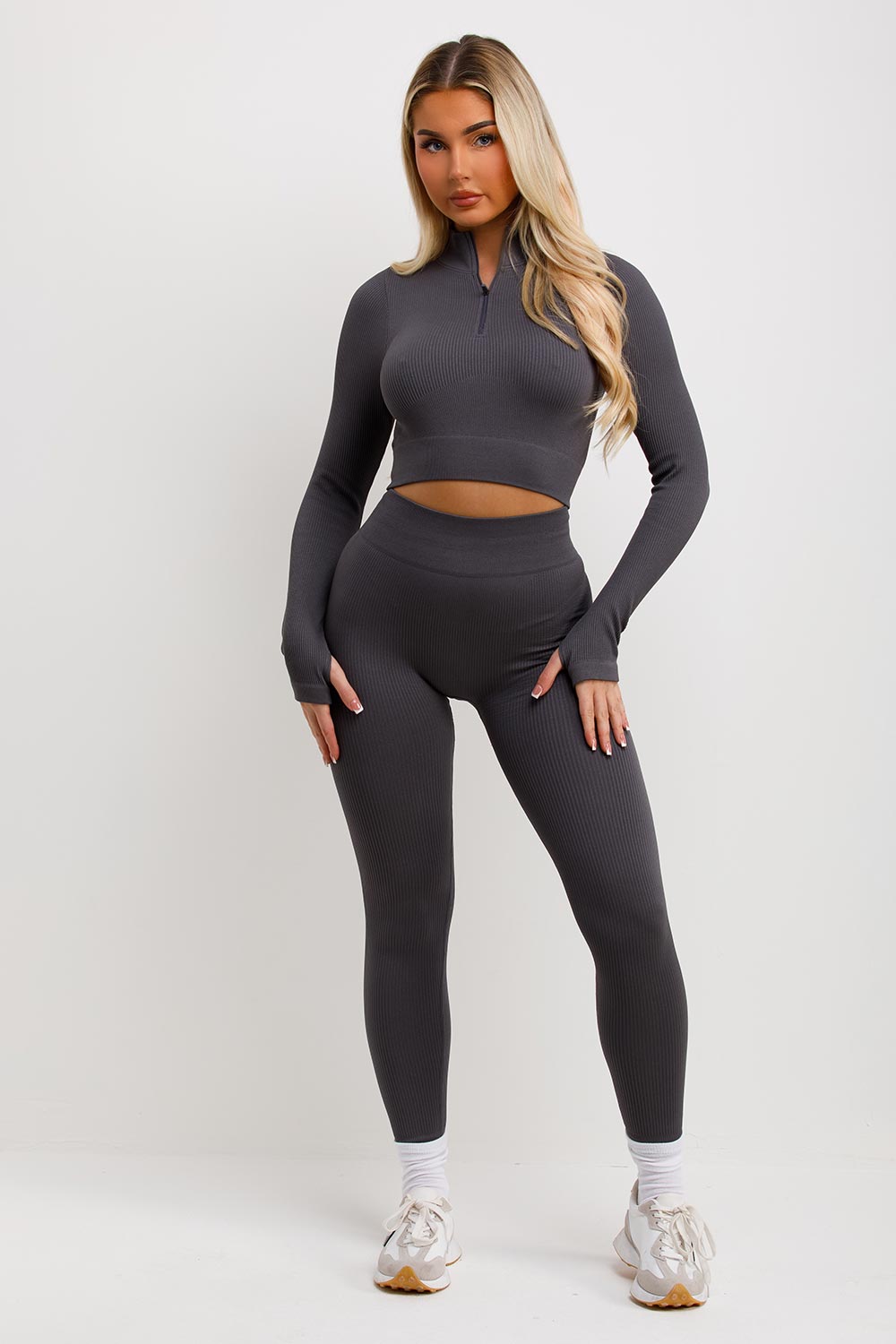 womens crop half zip tracksuit charcoal grey