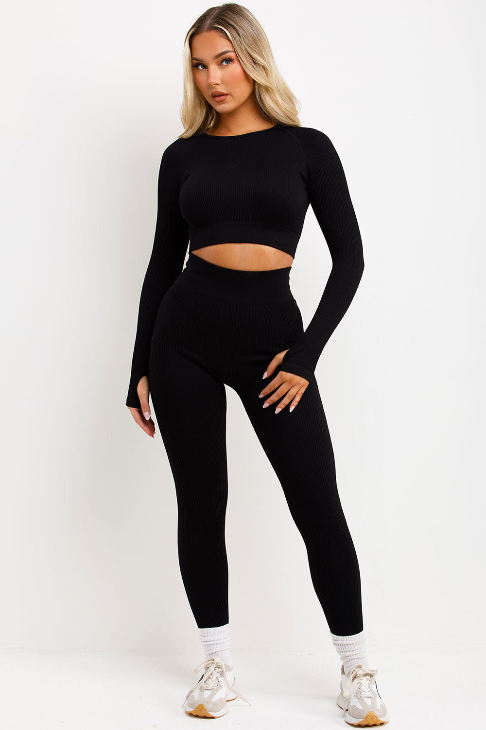 lululemon high waist body contouring leggings and long sleeve crop top co ord set womens activewear gym outfit black