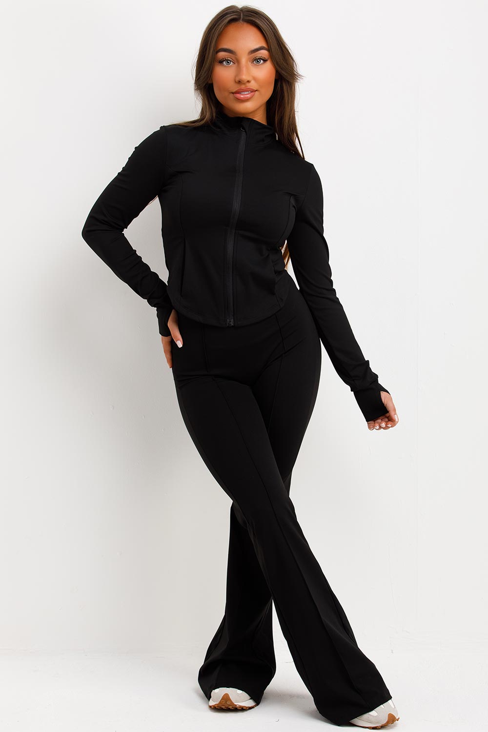 skinny flare trousers and zip up sports jacket two piece set brown skims