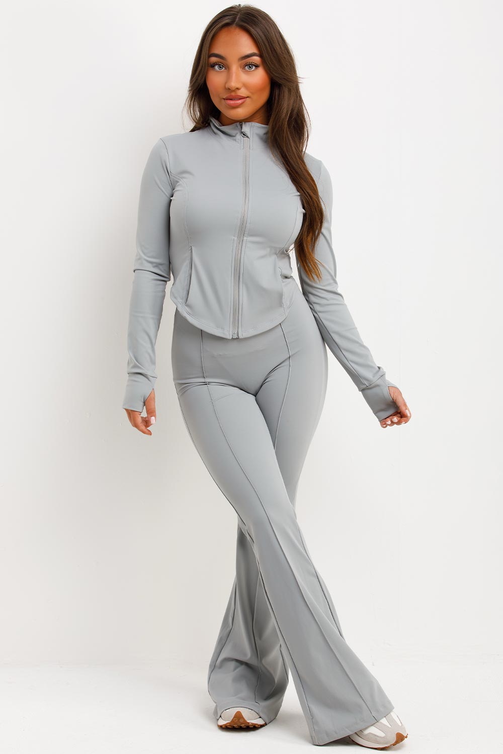 skinny flare trousers and zip up sports jacket two piece set brown skims