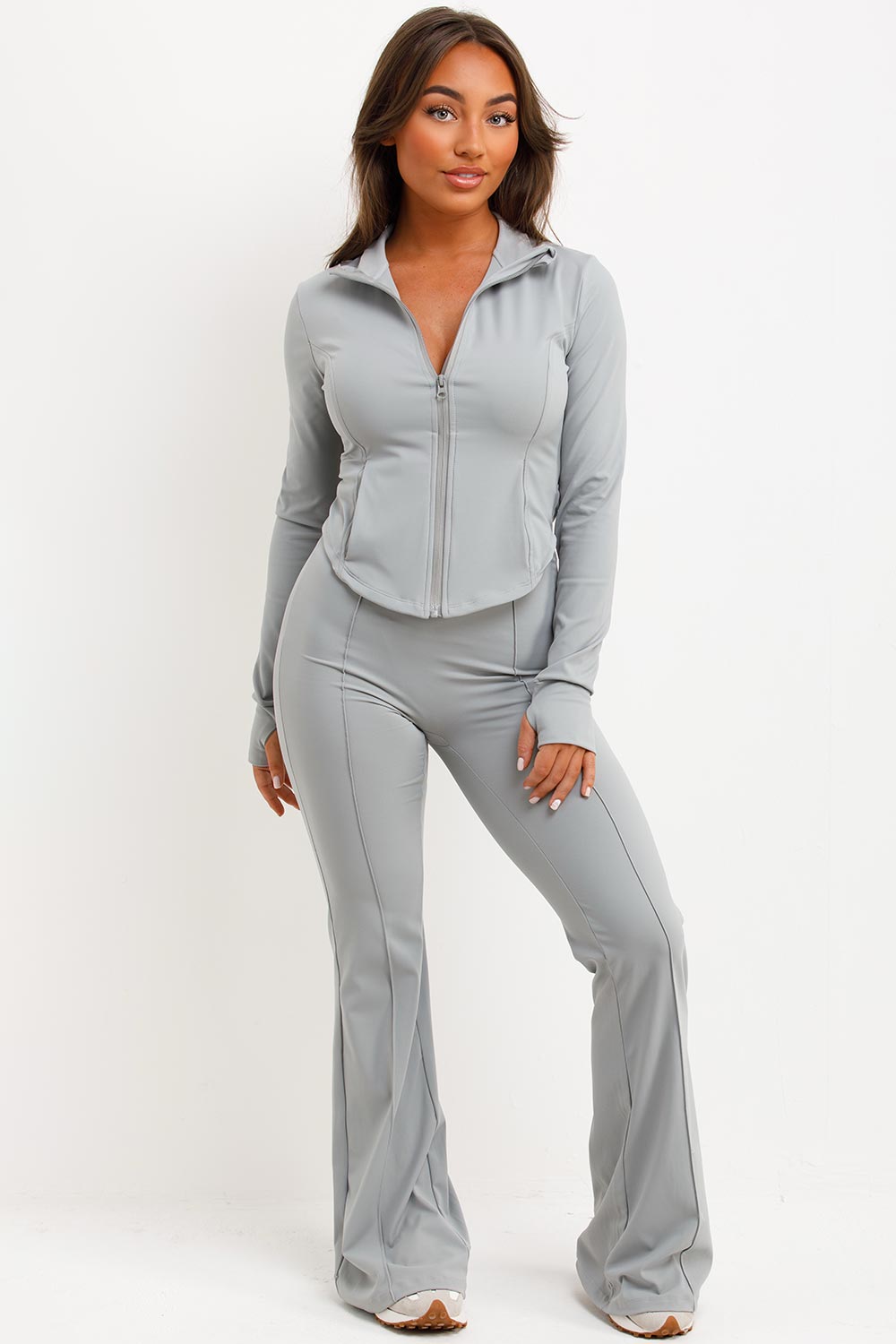 ruched scrunch bum skinny flare trousers and zip up sports jacket two piece set