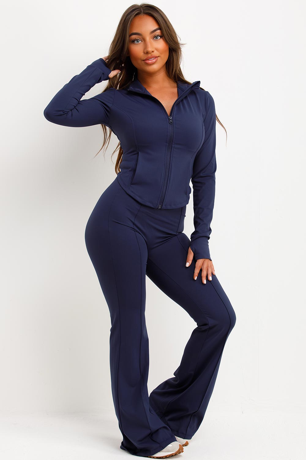 ruched scrunch bum skinny flare trousers and zip up sports jacket two piece set