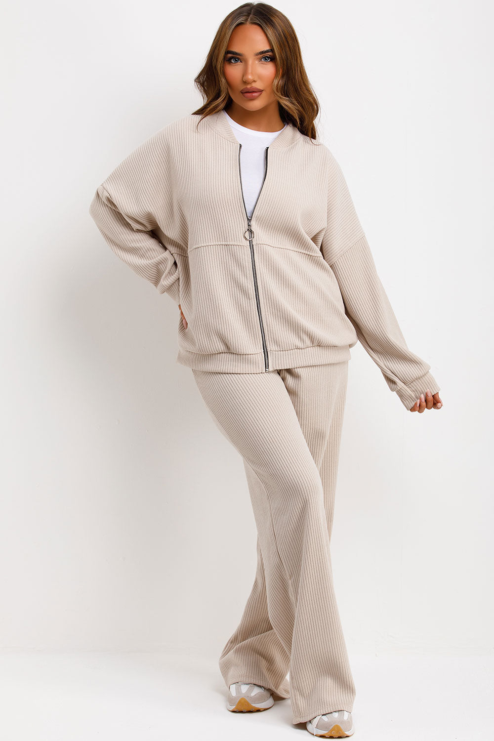 zara womens corduroy bomber sweatshirt and straight leg joggers loungewear set