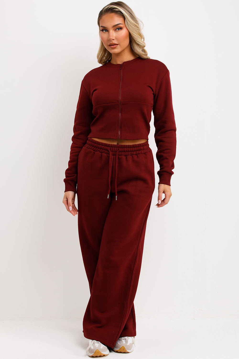 womens crop zip up sweatshirt and joggers two piece tracksuit co ord set burgundy styledup