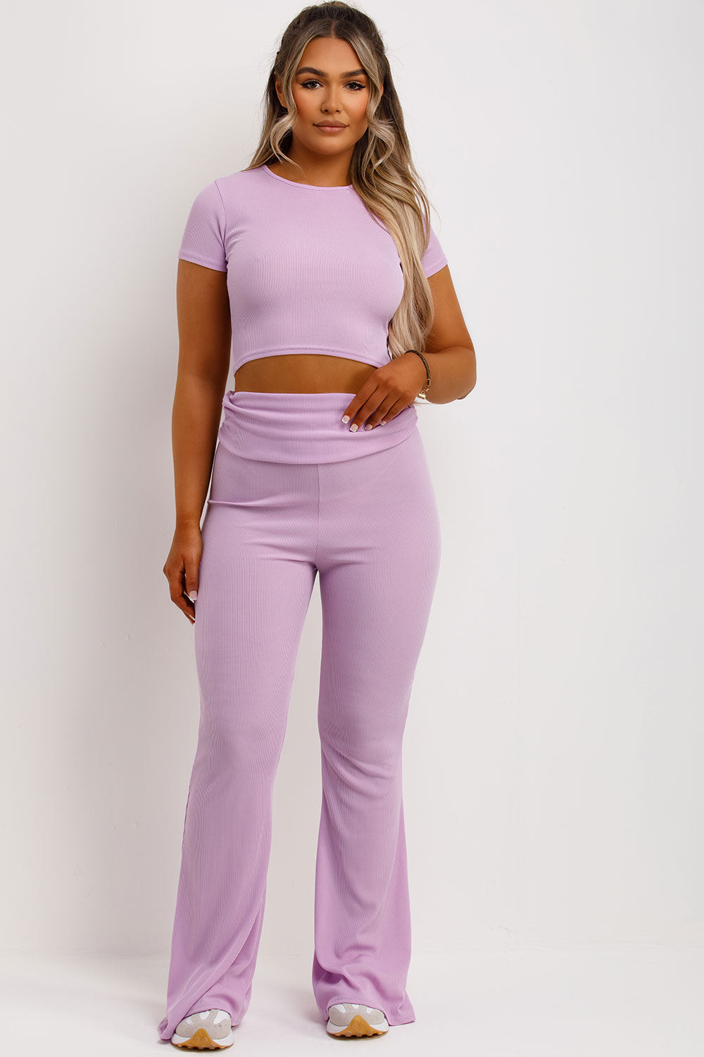 fold over ribbed skinny flared trousers and crop top co ord set