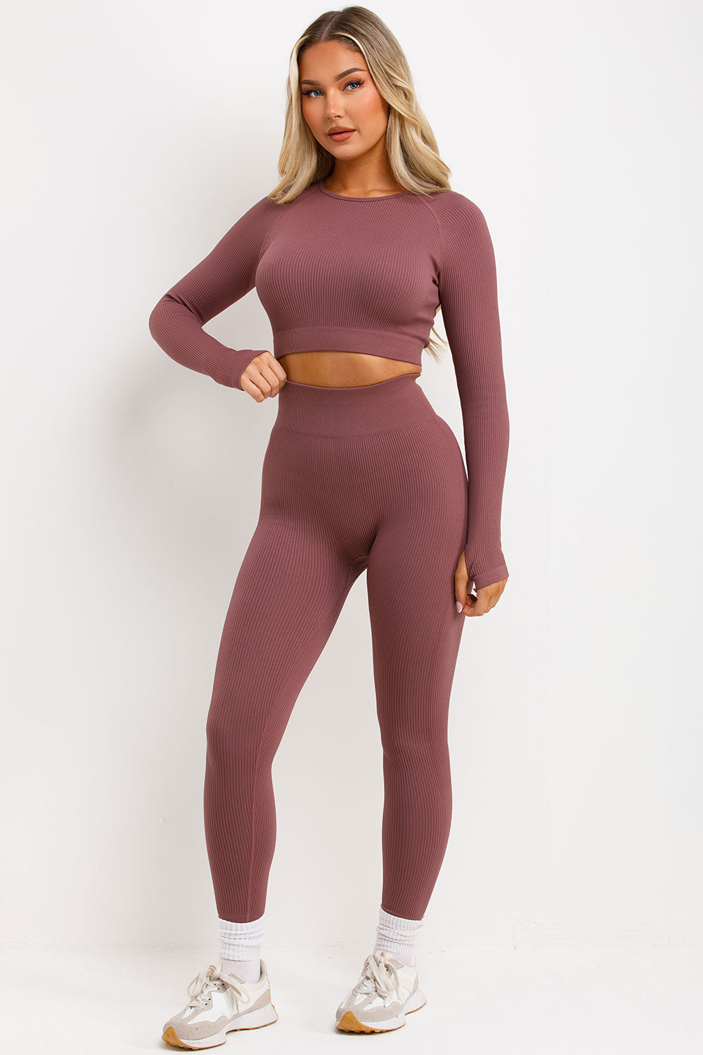 plum long sleeve crop top and high waist thick rib leggings body contouring womens active wear co ord set styledup
