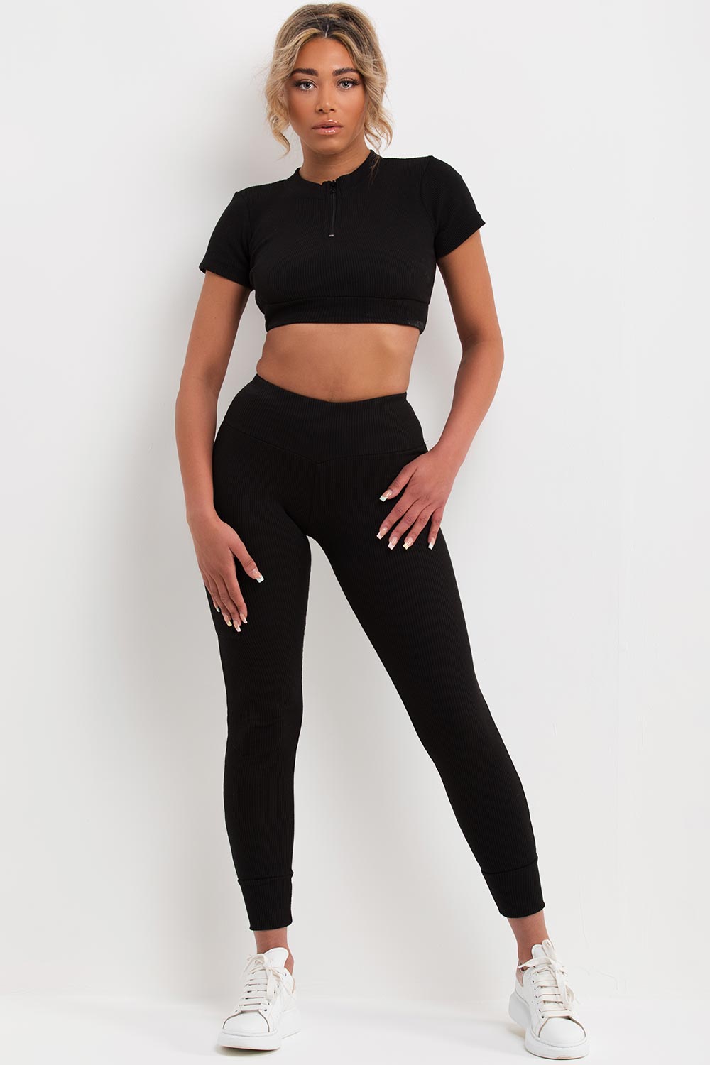 half zip ribbed co ord black