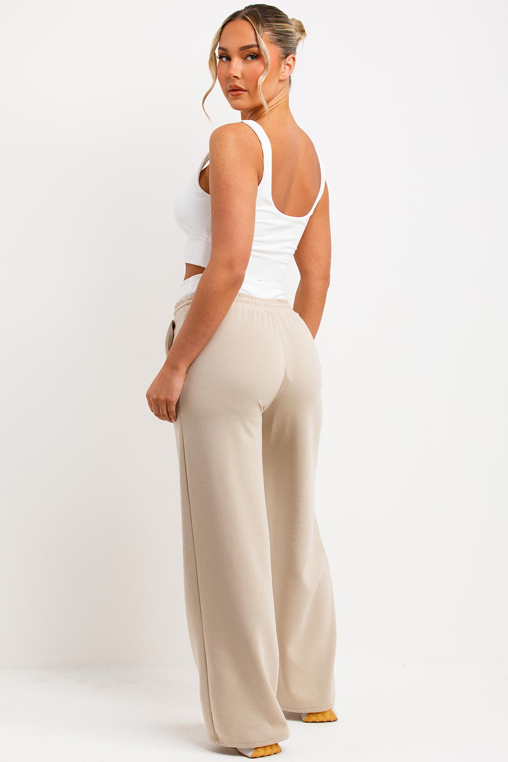 womens zara boxer detail trousers and rib crop top loungewear set beige