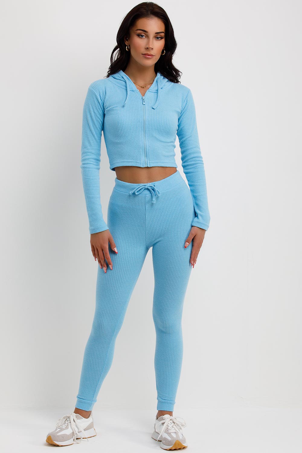 ribbed crop hoodie and leggings tracksuit set