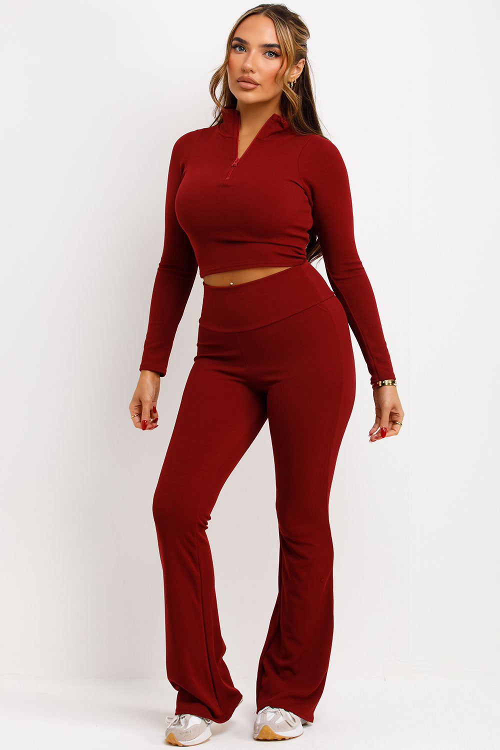 half zip crop top and skinny flare ruched bum trousers two piece co ord set styledup