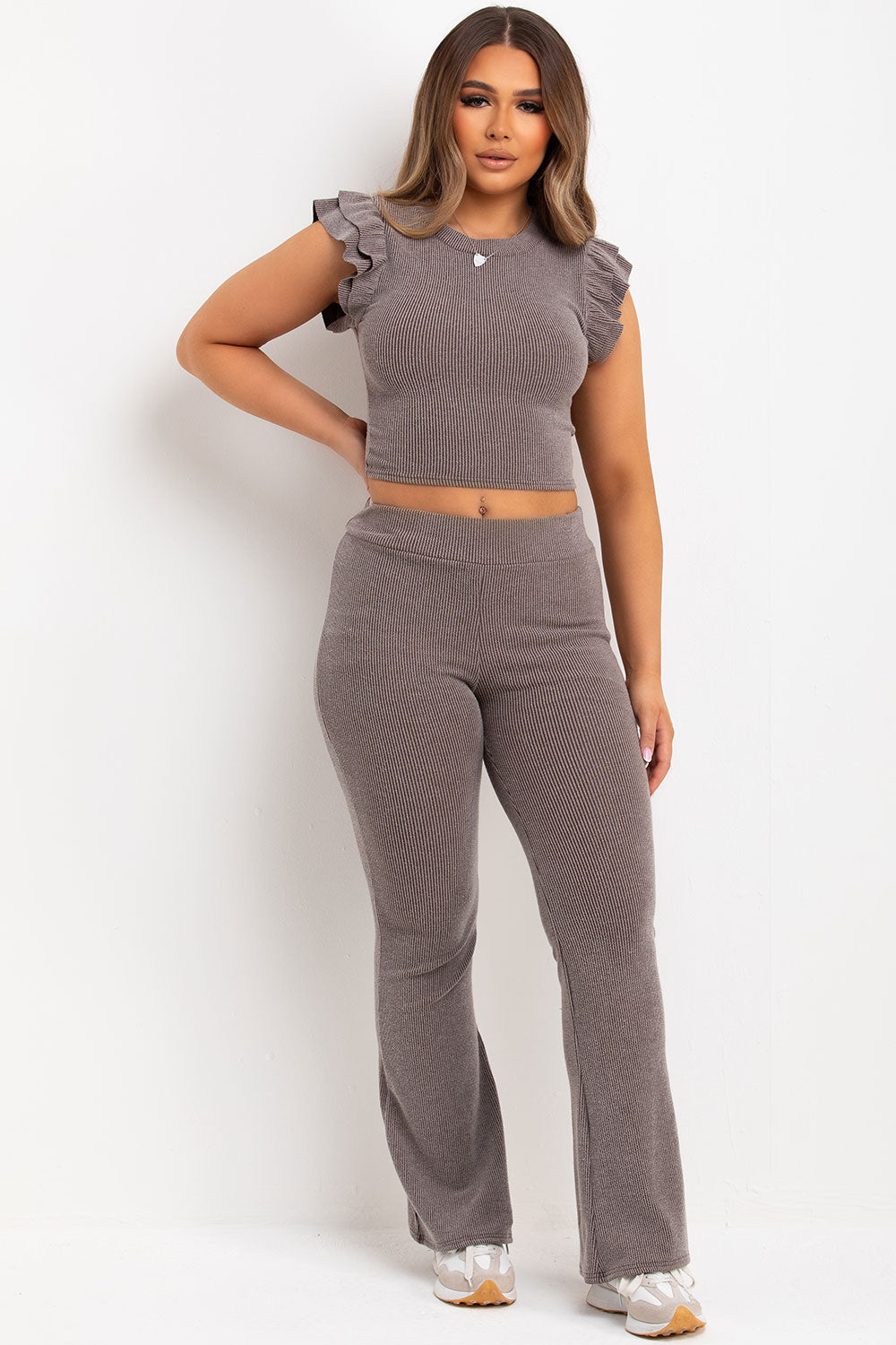 ribbed skinny flare trouser and frill shoulder top co ord set chocolate