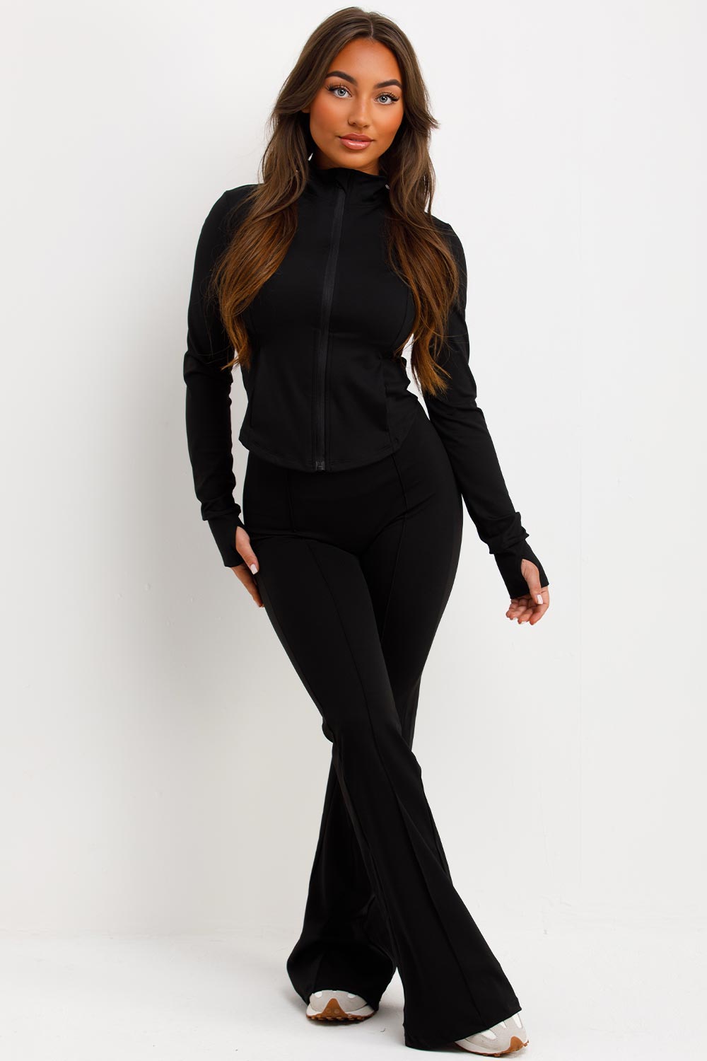 zip up sports jacket and flare trousers two piece set skims uk