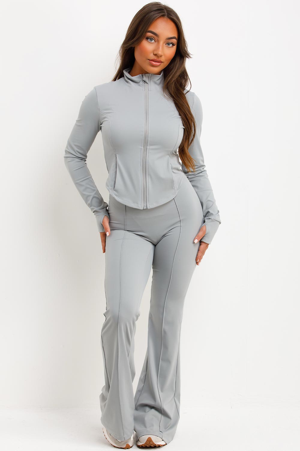 zip up sports jacket and flare trousers two piece set matching outfit