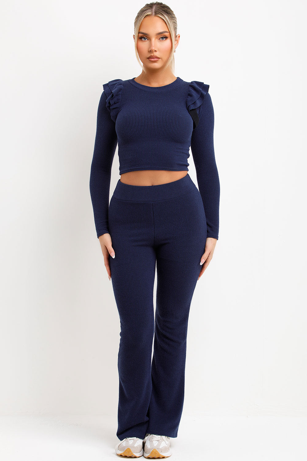 ribbed skinny flare trousers and long sleeve ribbed top two piece loungewear co ord set womens streetwear