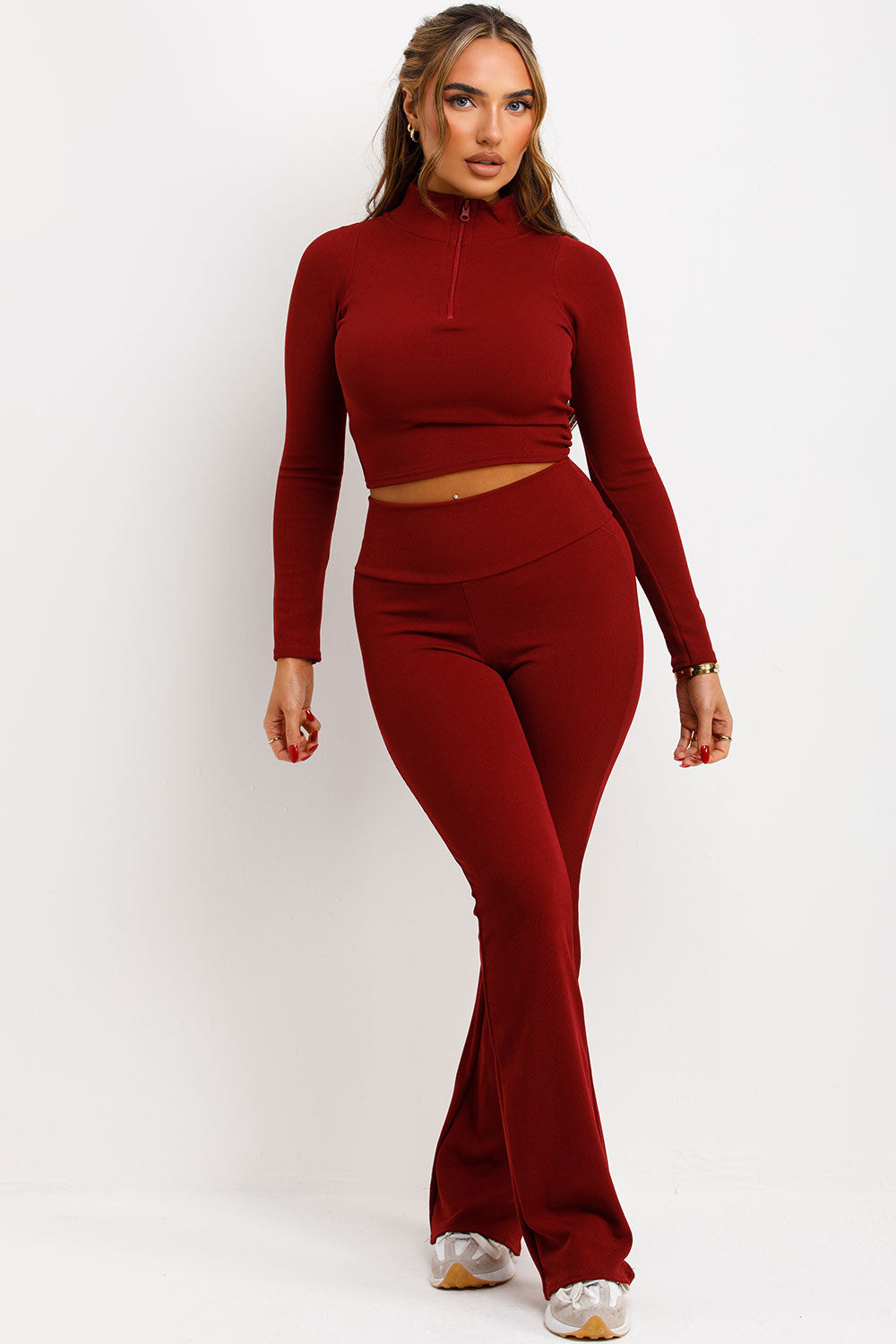 burgundy red loungewear co ord set ruched bum flare trousers and long sleeve crop top co ord set styledup