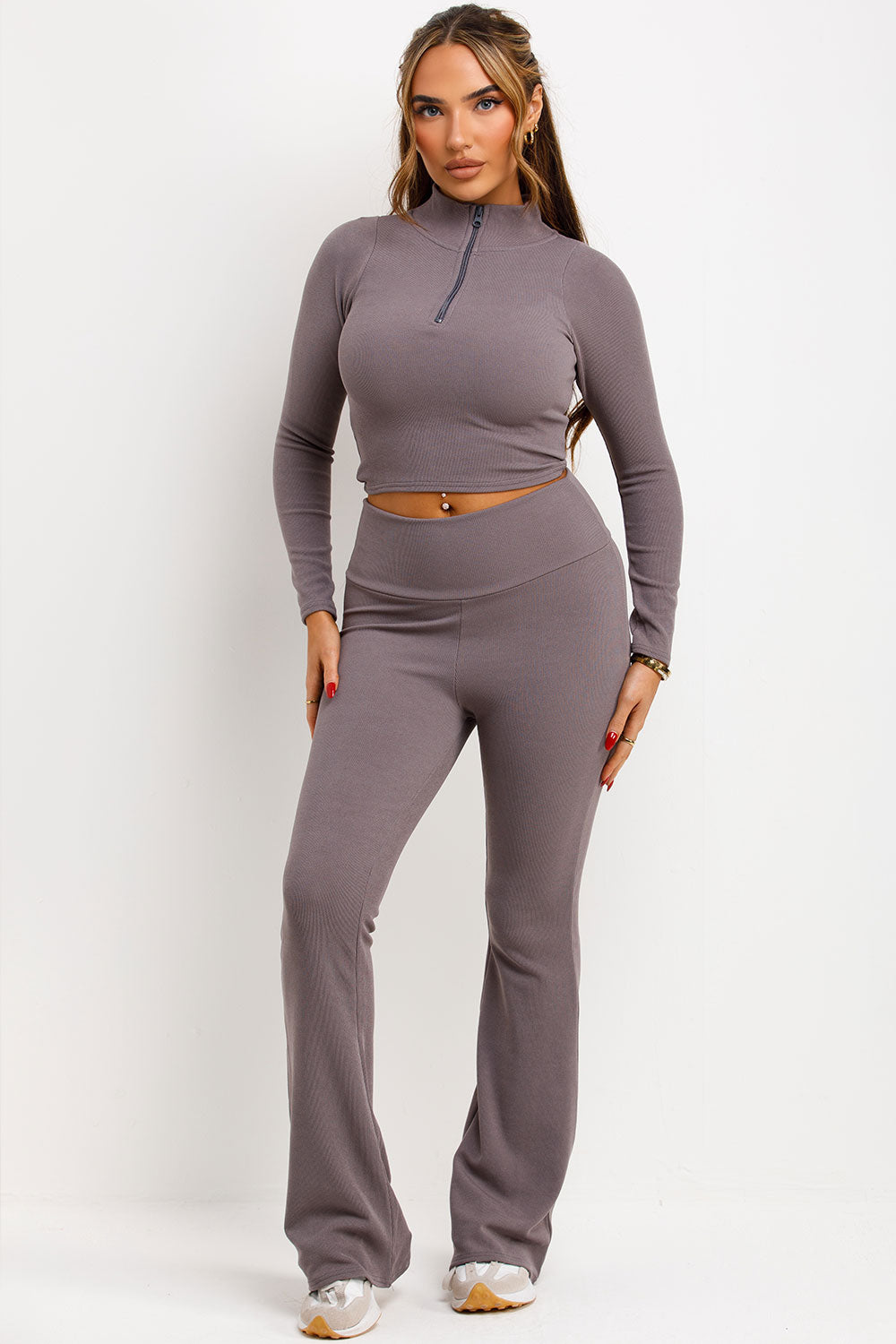 skinny flare ruched bum trousers and long sleeve half zip crop top two piece co ord set
