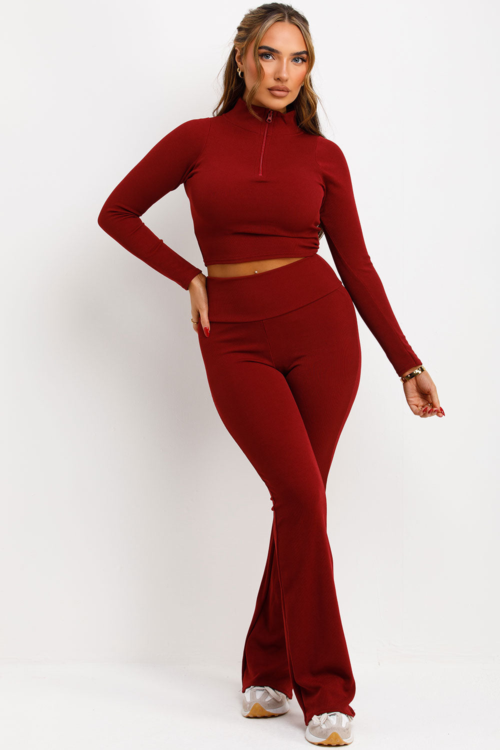 burgundy red ruched bum skinny flare trousers and long sleeve half zip crop top co ord set styledup