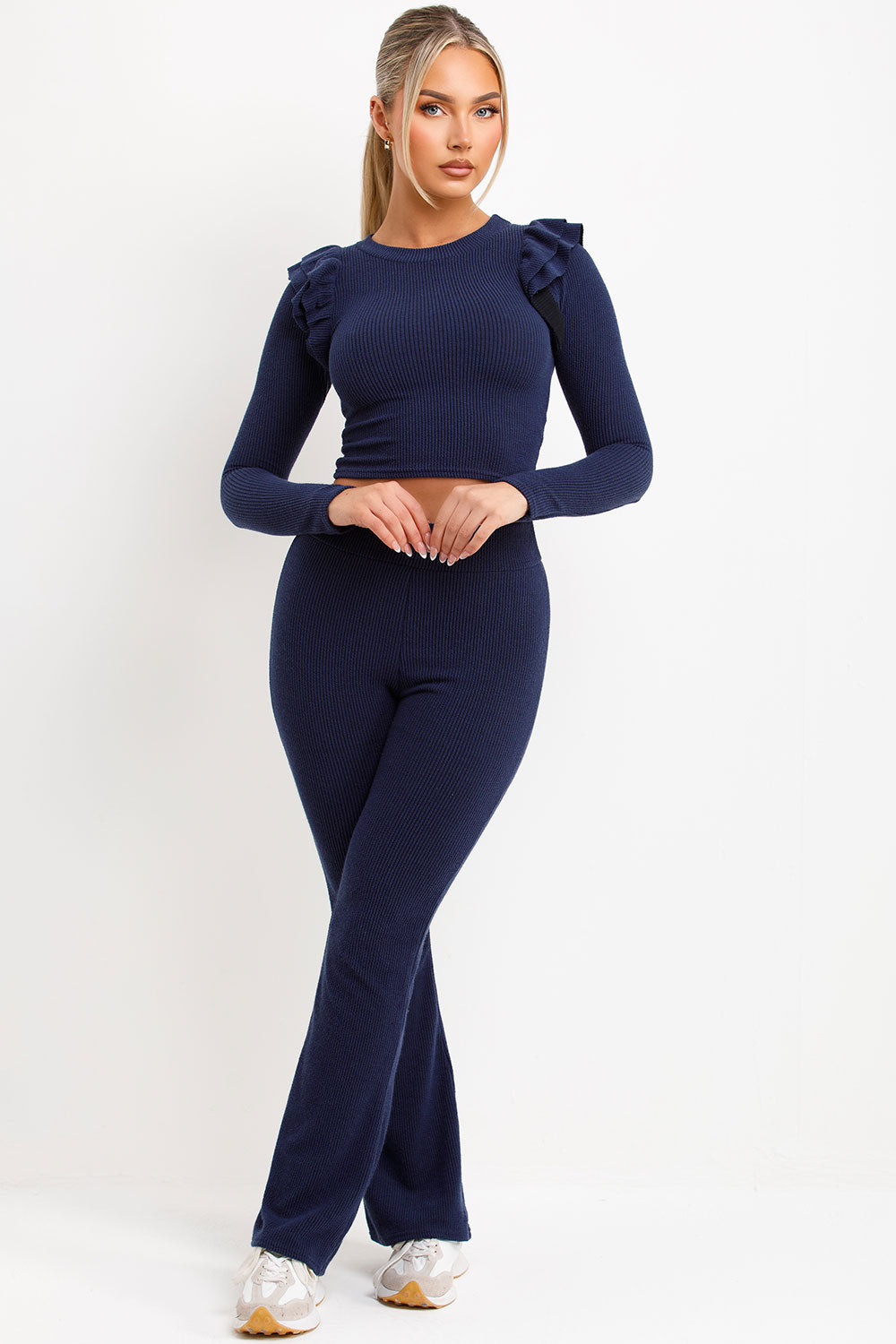 long sleeve ribbed top with frill shoulder and skinny flare trousers two piece loungewear set womens