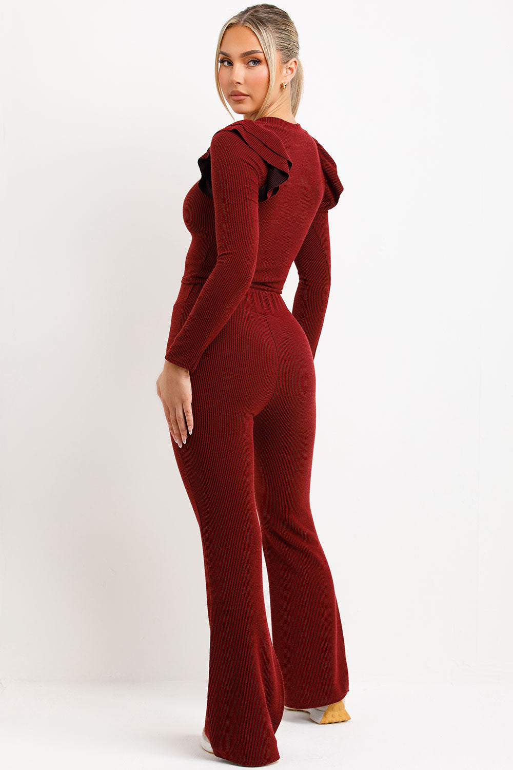 long sleeve ribbed top with frill shoulder and skinny flare trousers two piece loungewear set womens