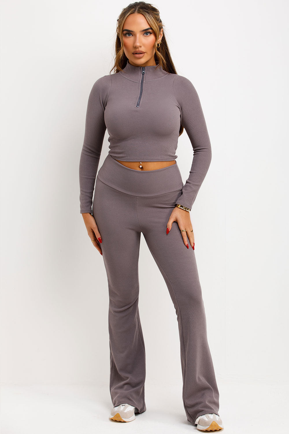 long sleeve crop top and skinny flare ruched bum trousers loungewear co ord