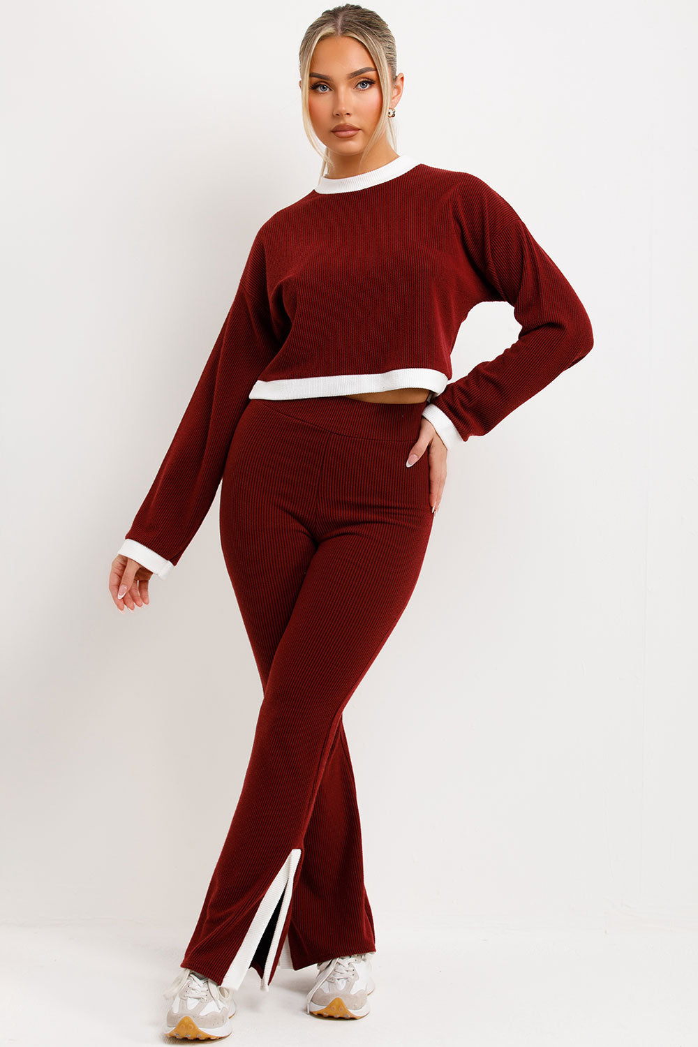 womens rib knit jumper and trousers lounge set co ord