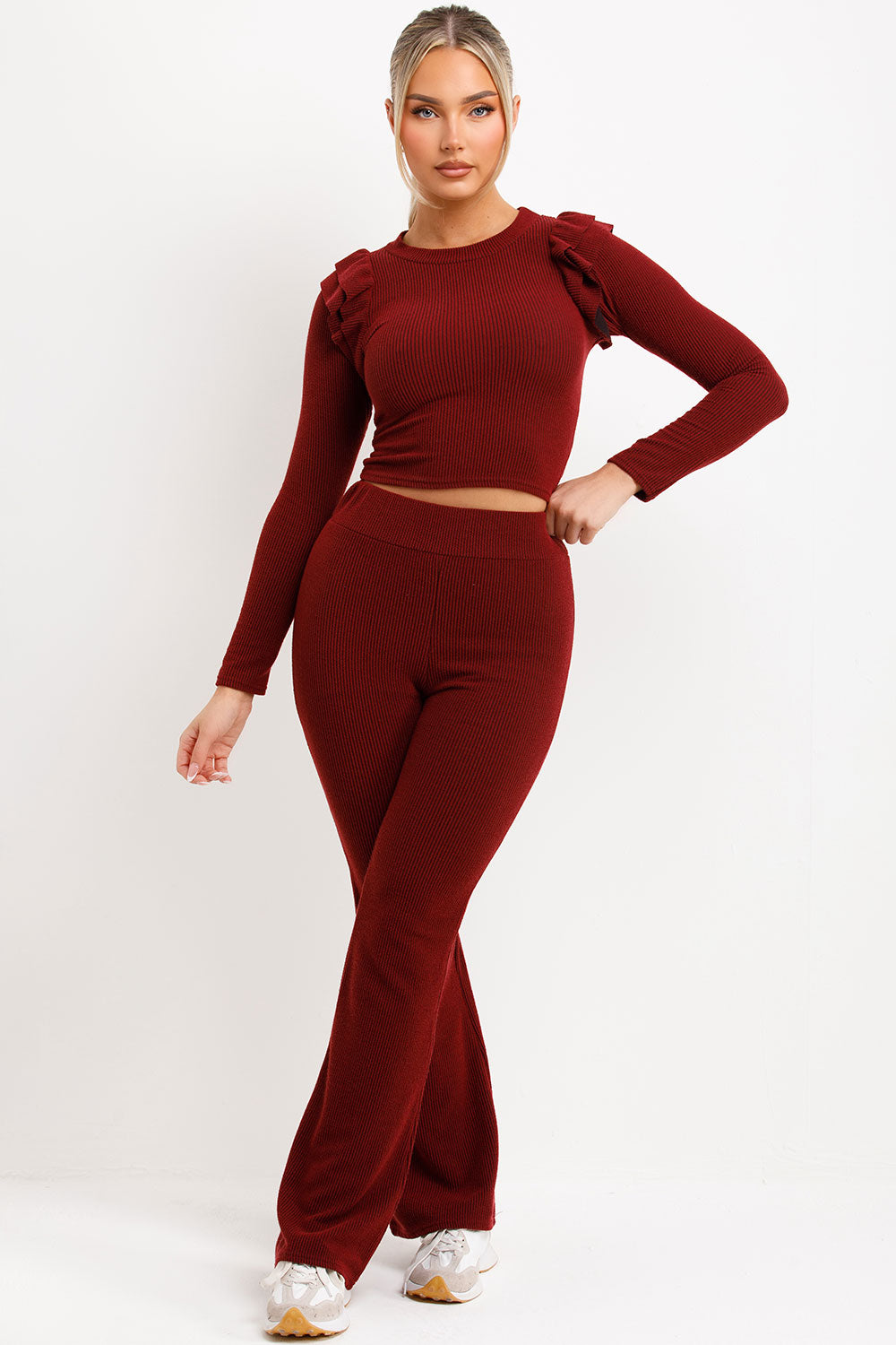 ribbed skinny flare trousers and long sleeve ribbed top two piece loungewear co ord set womens streetwear