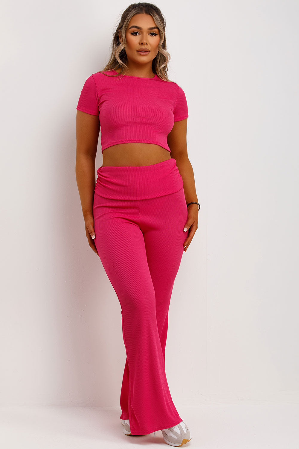 flared trousers with fold over detail and crop top co order set