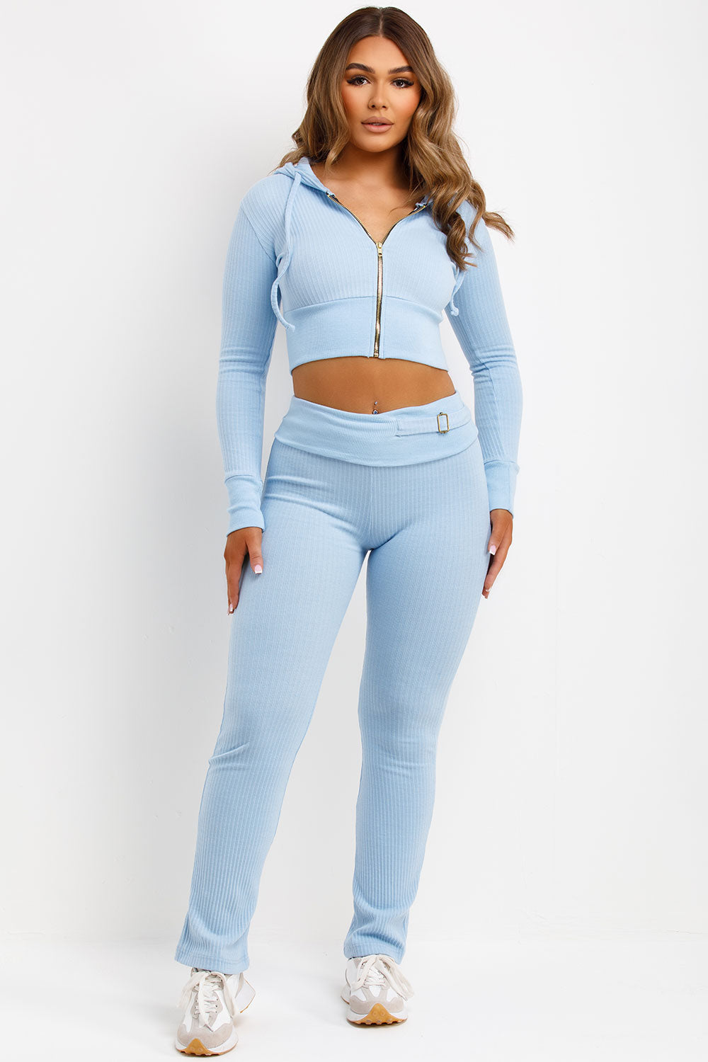 womens fold over waist buckle detail skinny flare trouser and crop zip up hoodie co ord set