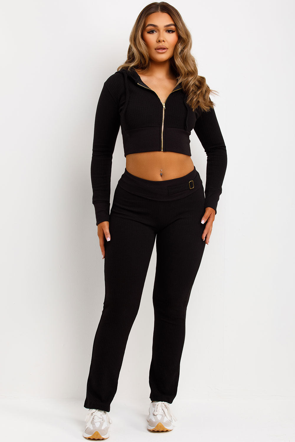 womens loungewear fold over waist buckle detail skinny flare ribbed trouser and crop zip up hoodie co ord tracksuit set