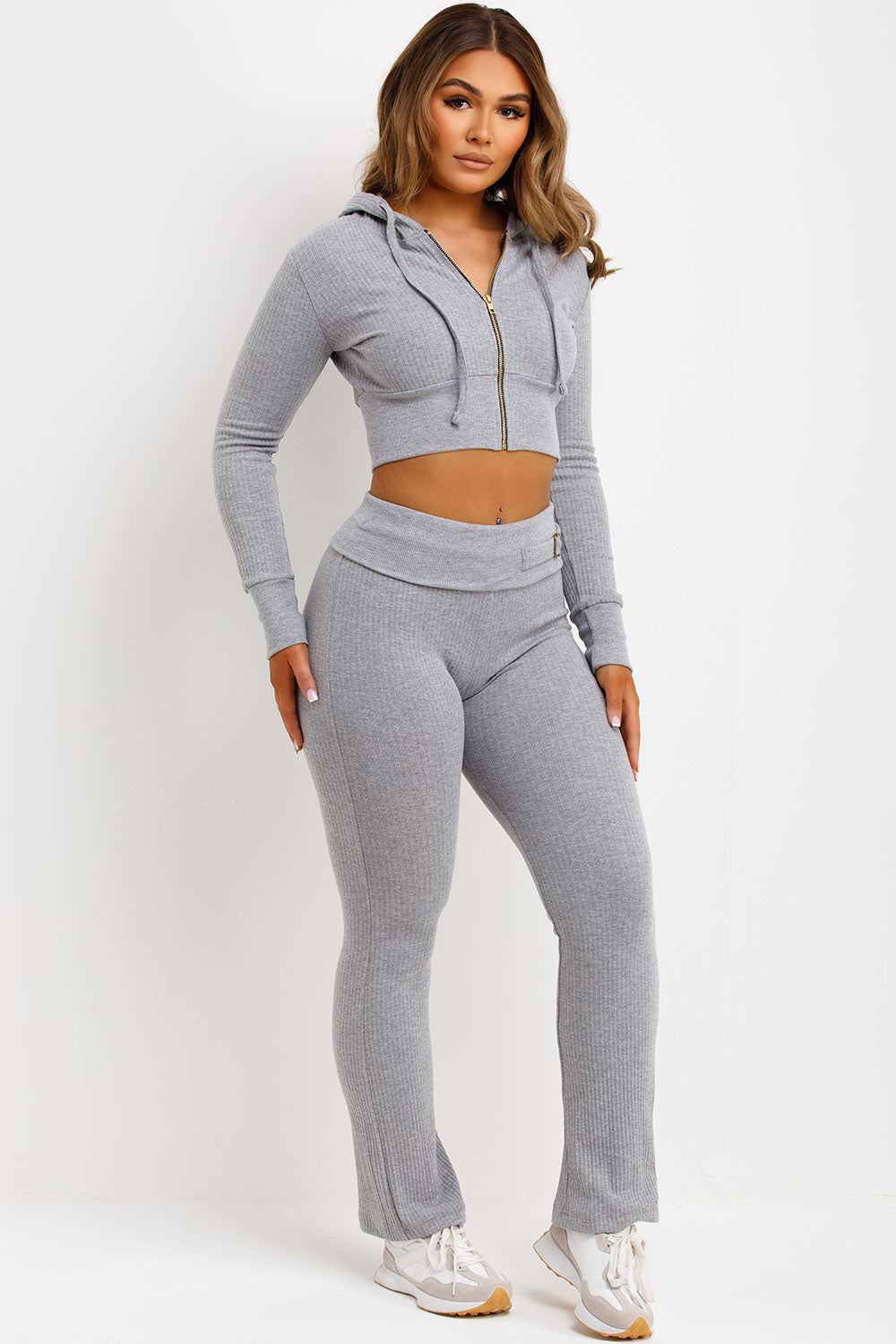 womens ribbed crop zip up hoodie and fold over flare trouser co ord set airport outfit
