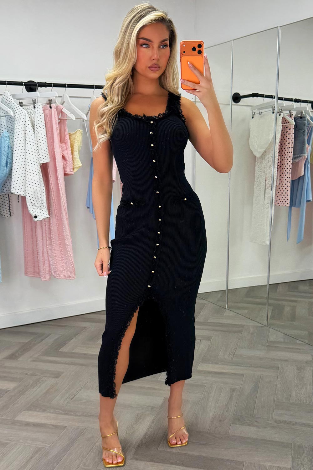 gold button lace trim midi dress summer occasion outfit styledup fashion