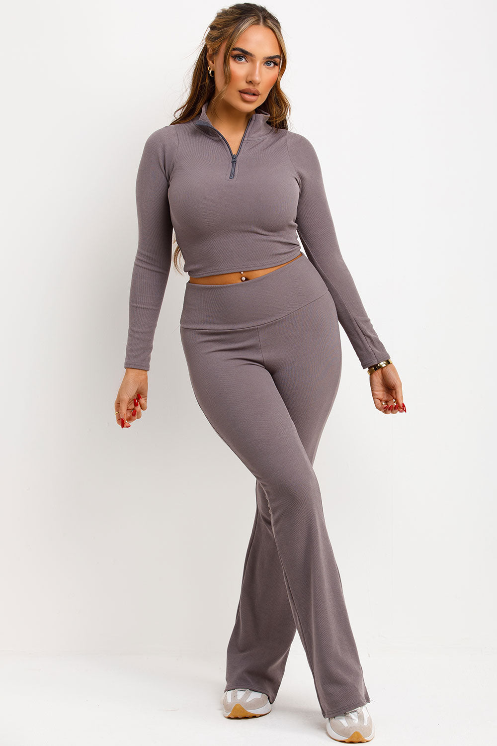 half zip crop top and skinny flare ruched bum trousers two piece co ord set styledup