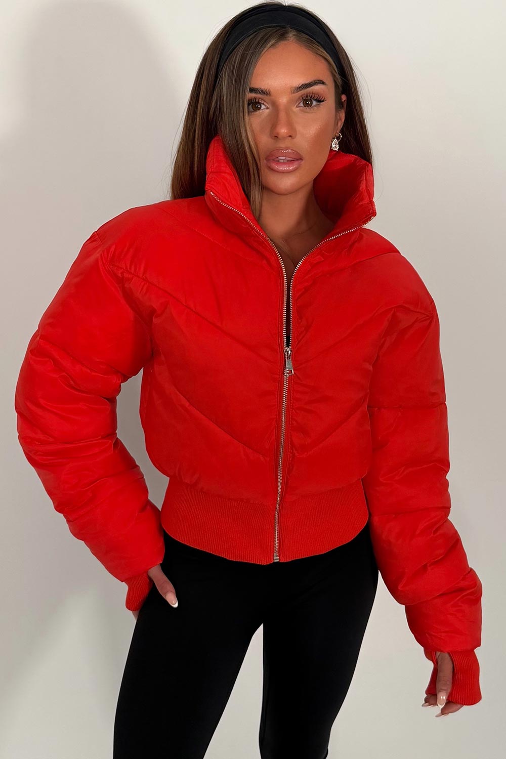 crop puffer jacket with thumbholes cinched waist alo yoga styledup uk