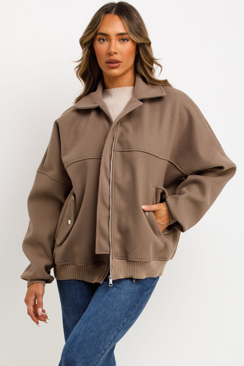 womens soft bomber jacket with lapel collar styledup