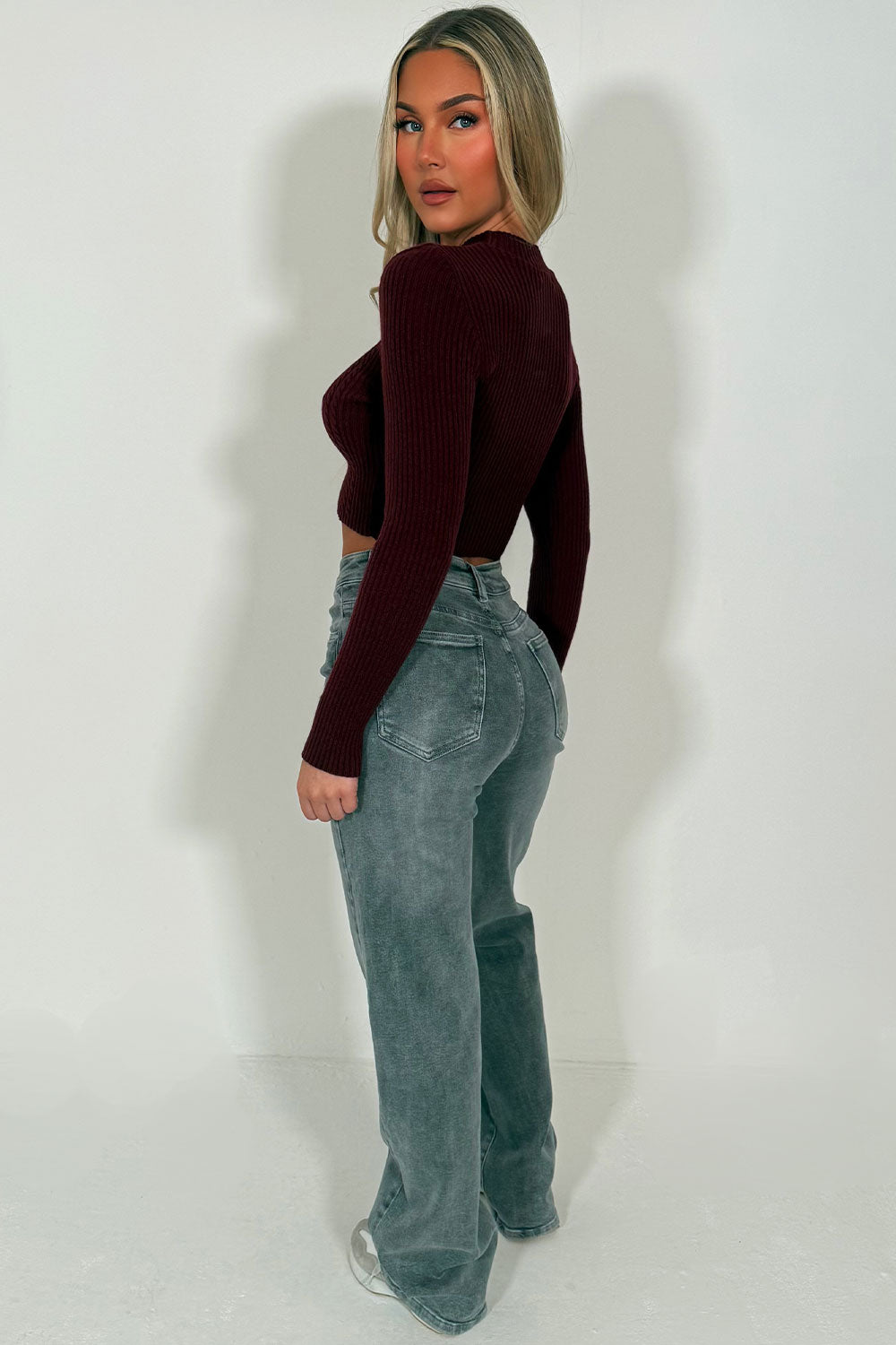 burgundy knitted long sleeve crop jumper with round neck for womens styledup