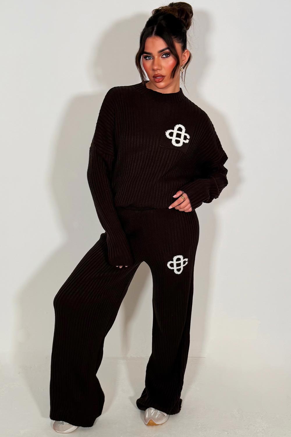 womens rib knitted sweatshirt jumper and knitted trouser lounge set couture club uk sale
