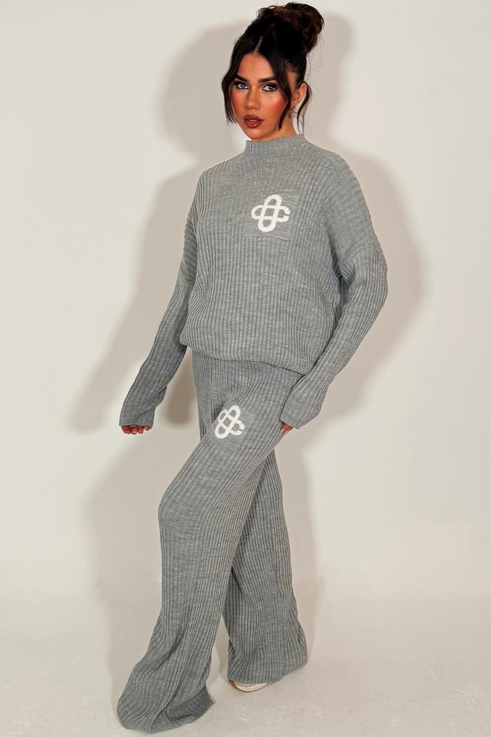 womens rib knitted sweatshirt jumper and knitted trouser lounge set couture club uk sale