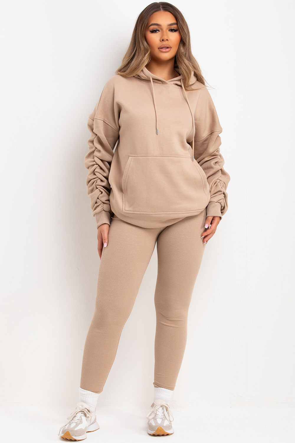womens oversized hoodie with ruched gathered sleeves and leggings two piece matching loungewear set beige