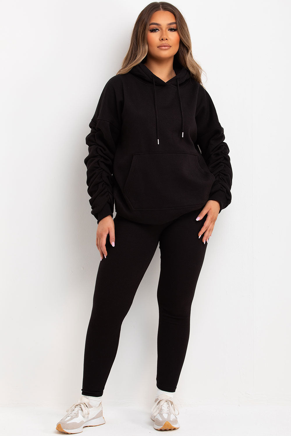 ruched sleeve oversized hoodie and leggings loungewear set black