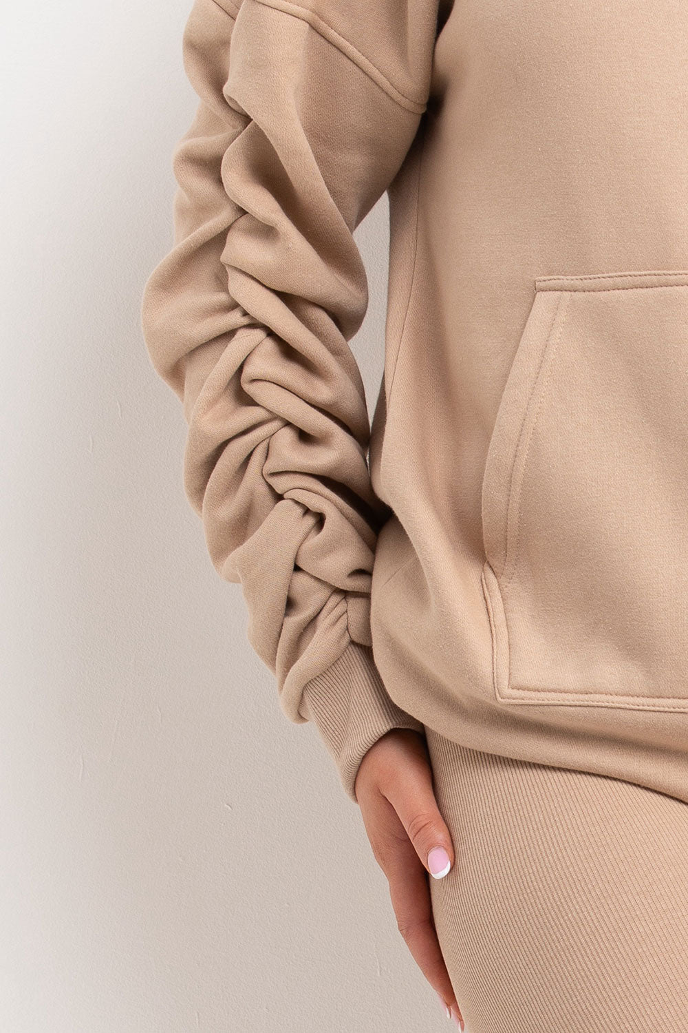 ruched sleeve oversized hoodie and leggings loungewear set beige